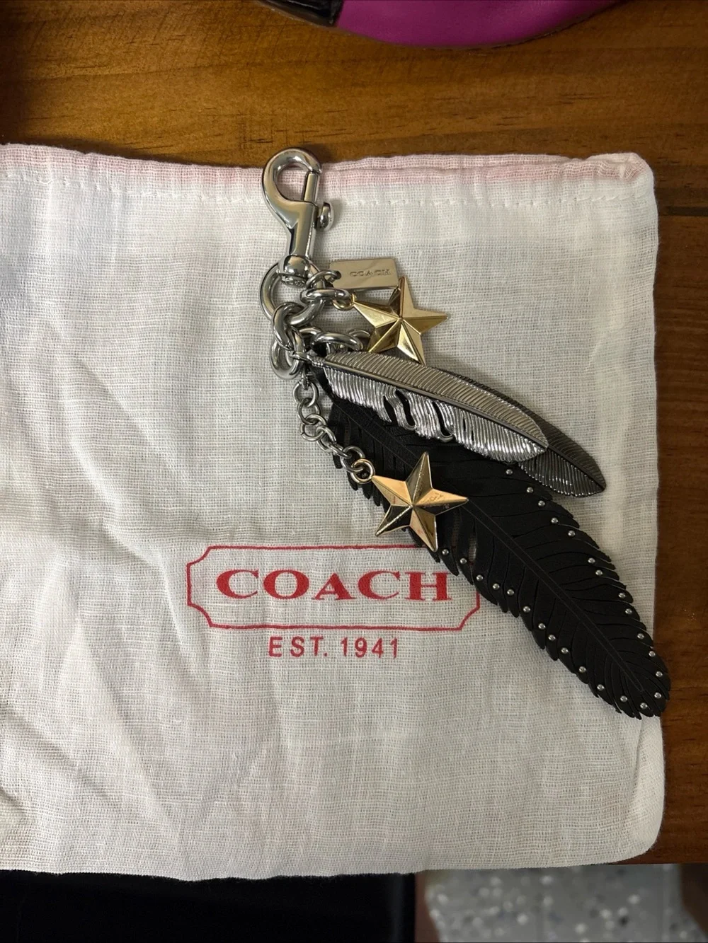 Coach Feather & Star Charm Keychain - Black, Silver, Gold, Gunmetal